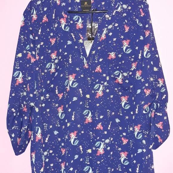 New 3x Disney The Little Mermaid Harper Blouse  Georgette Ariel & Flounder Navy - Picture 11 of 13